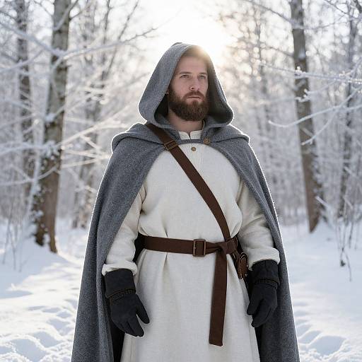 Man in Medieval Cloak and Tunic Standing in Snowy Winter Forest
