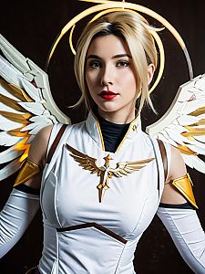 Realistic Photograph of Woman Cosplaying Mercy from Overwatch with Angel Wings