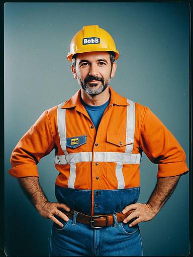 Man in Bob the Builder Costume Wearing Hard Hat and Reflective Work Shirt