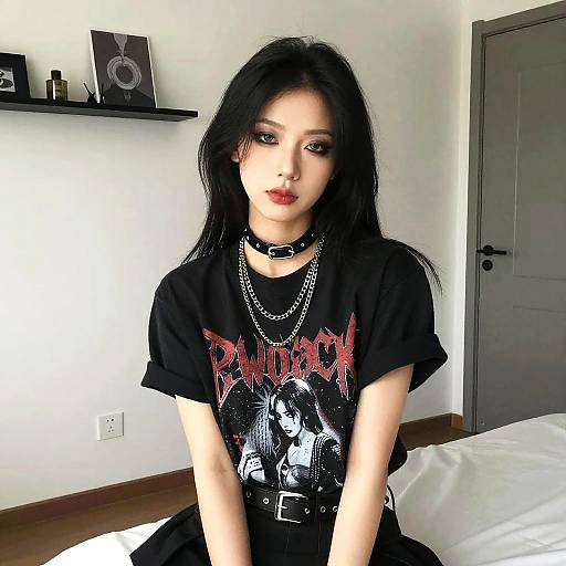 Young Woman in Gothic Style Black Band T-Shirt with Chains and Choker