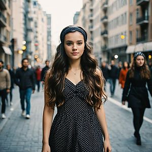 Young Woman in Polka Dot Dress on Urban Street