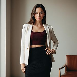 Confident Woman in White Blazer and Cropped Top Office Fashion