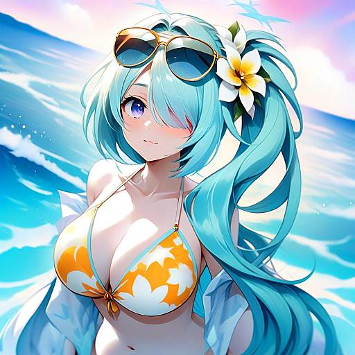 Hiyori in Orange Floral Bikini at the Beach - Anime Swimsuit Art