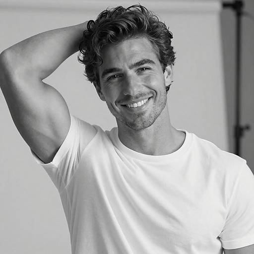 Smiling Young Man Relaxed in White T-Shirt Black and White Portrait