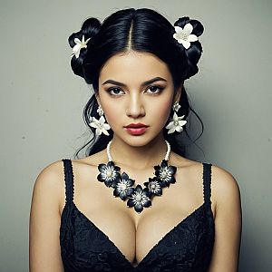 Confident woman with black hair in floral buns and lace top