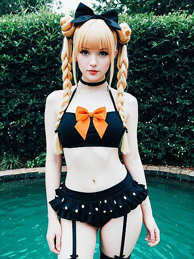 Cosplay Woman in Black Bikini with Orange Bow by Pool