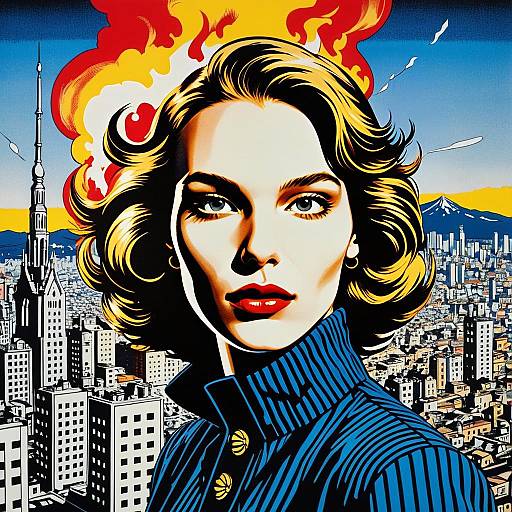 Pop Art Portrait of Woman with Urban Cityscape Background