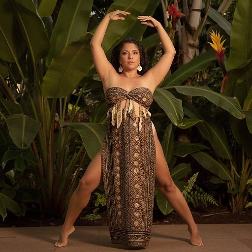 Confident Woman Posing in Tropical Dress Among Lush Greenery