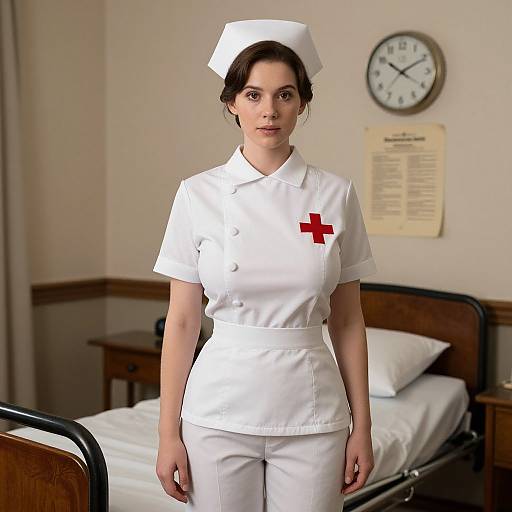Vintage Nurse in Classic Uniform Standing in Hospital Room