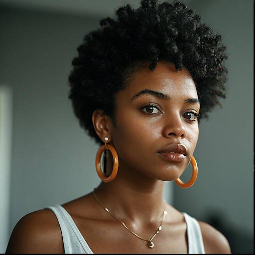 Natural Close-Up Portrait of Woman with Curly Hair and Hoop Earrings