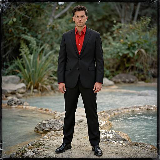 Man in Black Suit and Red Shirt Standing Outdoors on Stone Path