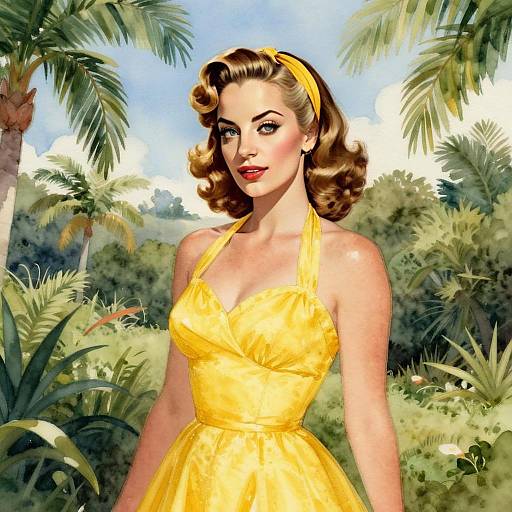 Vintage 1950s Style Woman in Yellow Dress with Tropical Background