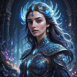 Regal Woman in Blue Armor with Ethereal Backdrop