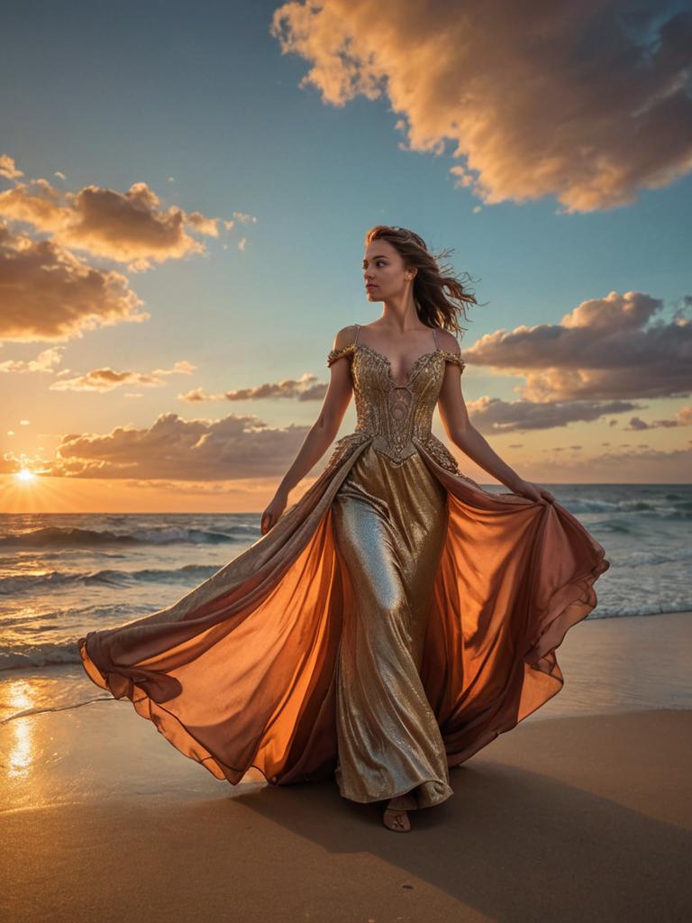 Elegant woman in golden gown at sunset shore