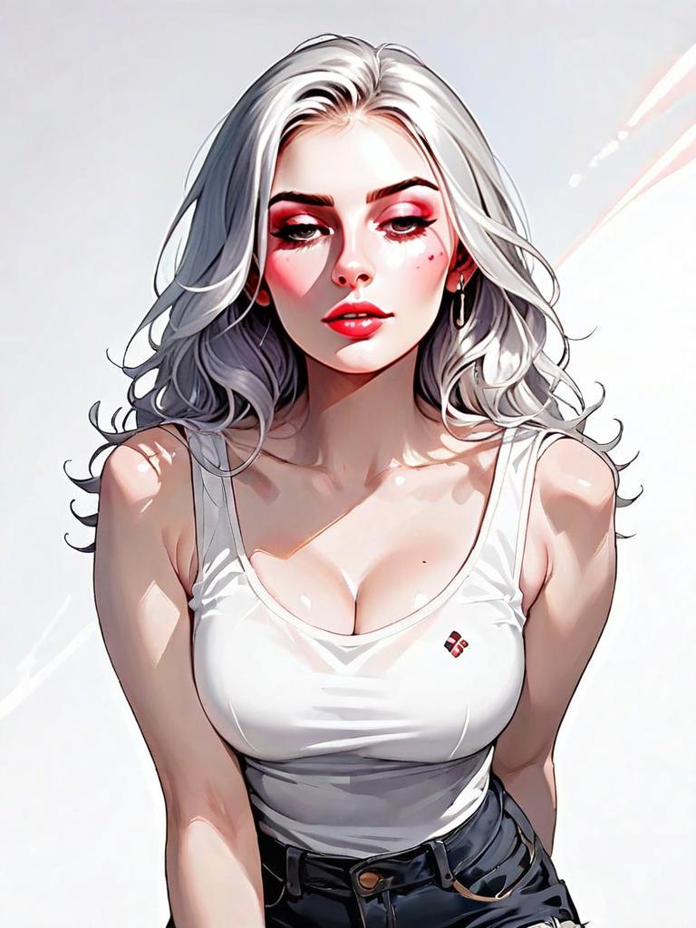 Realistic Digital Portrait of Woman in Casual White Tank Top and Black Pants