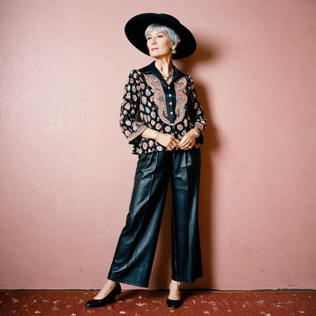 Stylish Elegant Mature Woman in Paisley Blouse and Leather Pants