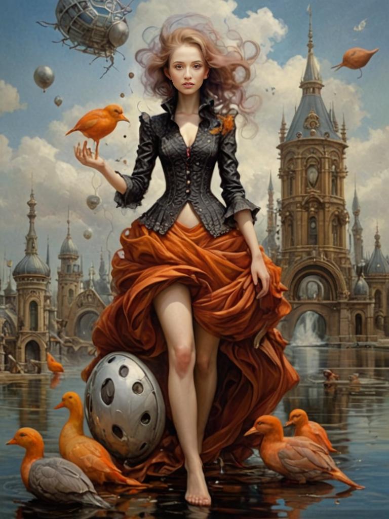 Surrealist Woman in Orange Dress with Fantasy Backdrop