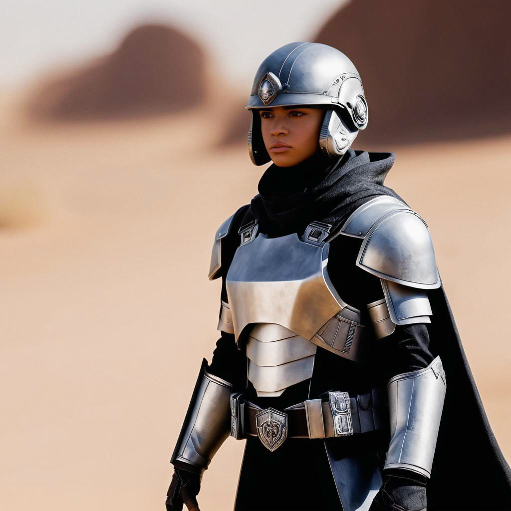 Futuristic Woman in Silver Armor in Desert Landscape