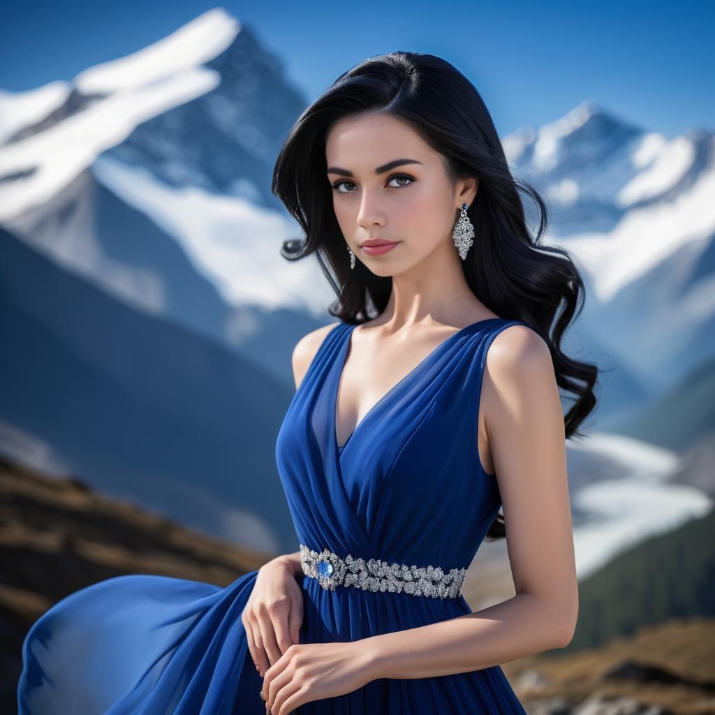 Woman in Royal Blue Gown Against Snow-Capped Mountains Woman in Royal Blue Gown Against Snow-Capped Mountains