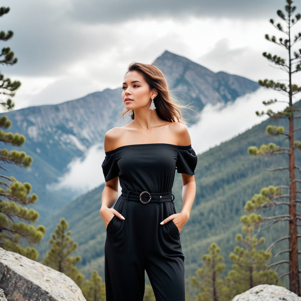 Stylish Woman in Black Jumpsuit Against Mountain Landscape Stylish Woman in Black Jumpsuit Against Mountain Landscape