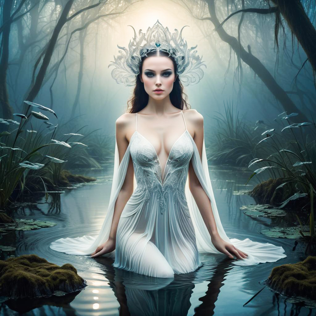 Woman in White Gown in Misty Swamp