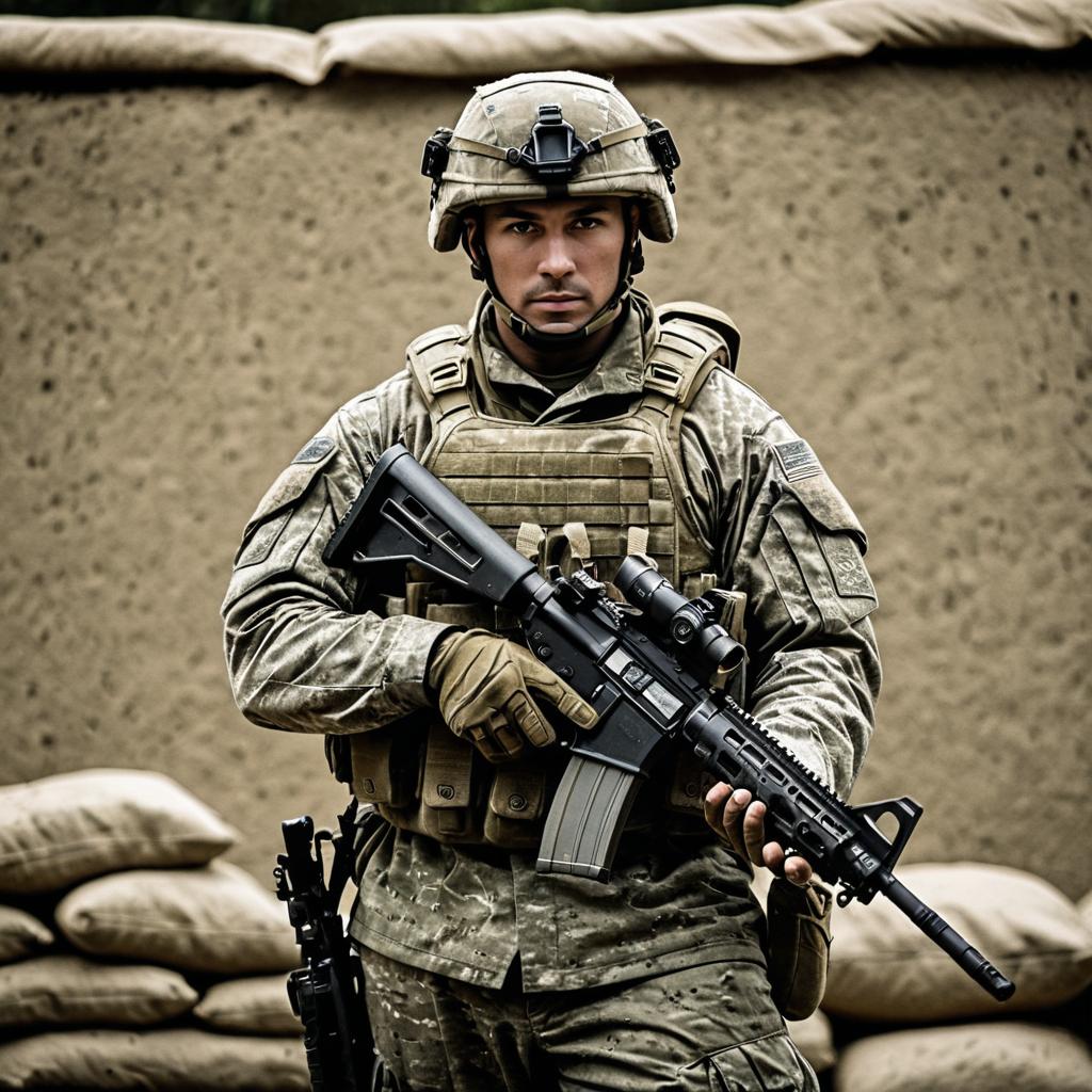 Male Soldier in Full Combat Gear Holding Assault Rifle