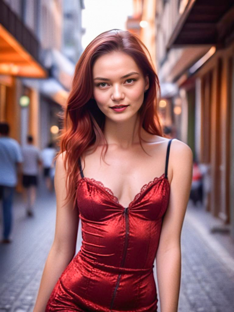 Elegant Woman in Red Dress on Charming Street