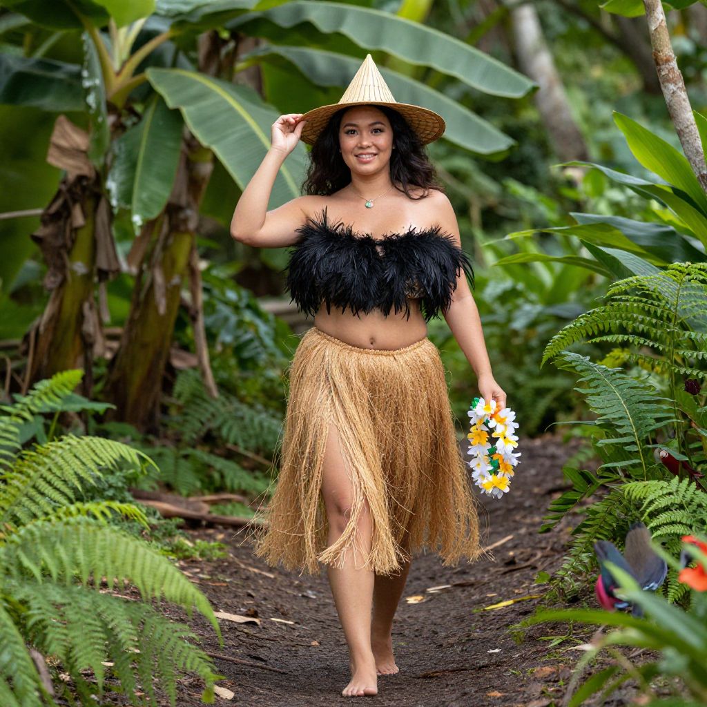 Polynesian Woman in Traditional Attire Walking Through Tropical Forest