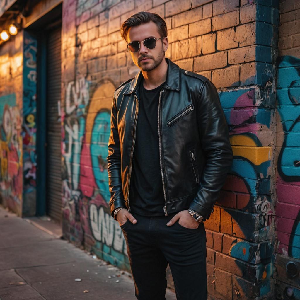 Man in Leather Jacket Against Graffiti Wall