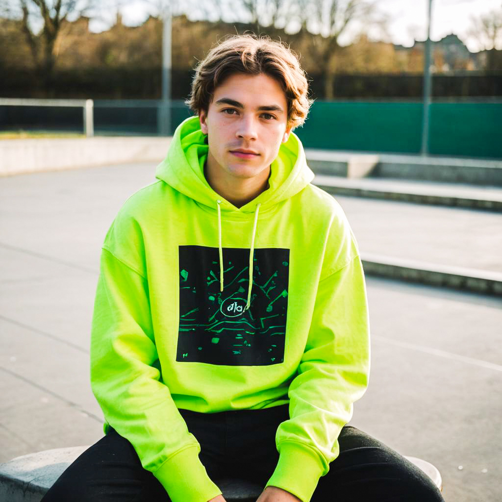 Young man in neon green hoodie at skate park