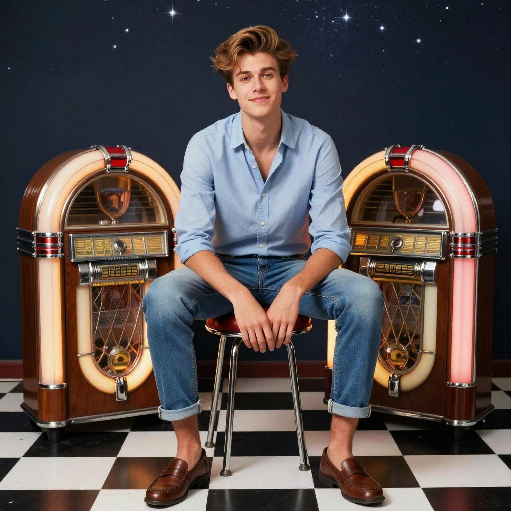 Young Man Sitting Between Vintage Jukeboxes on Checkered Floor