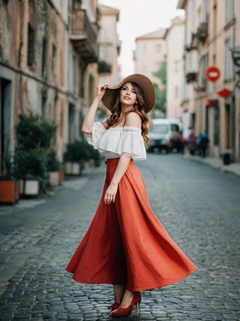 Elegant Woman in Bohemian Fashion on City Street