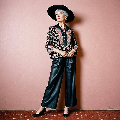 Stylish Elegant Mature Woman in Paisley Blouse and Leather Pants