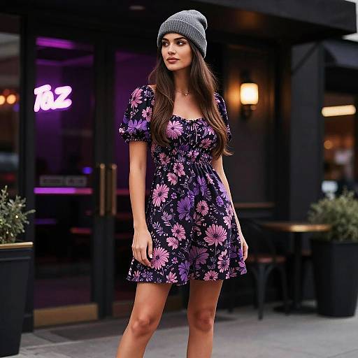 Trendy Gen Z Woman in Floral Dress and Beanie Outside Urban Cafe