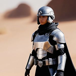 Futuristic Woman in Silver Armor in Desert Landscape