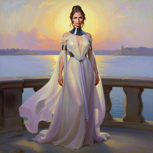 Regal Woman in Flowing Gown by Sunset Balcony Overlooking Water