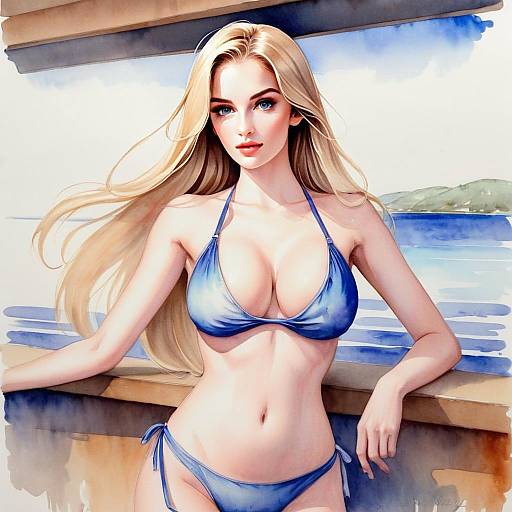 Digital Anime Style Blonde Woman in Blue Bikini by the Sea