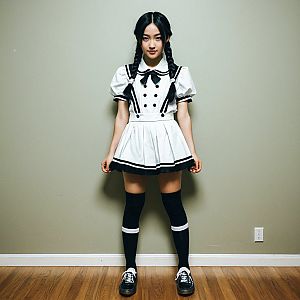 Confident Young Woman in Sailor-Inspired Outfit