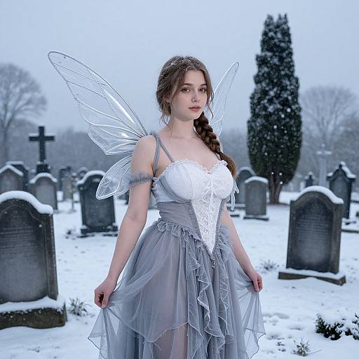 Ethereal Fairy Woman in Snowy Cemetery with Translucent Wings