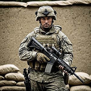 Male Soldier in Full Combat Gear Holding Assault Rifle