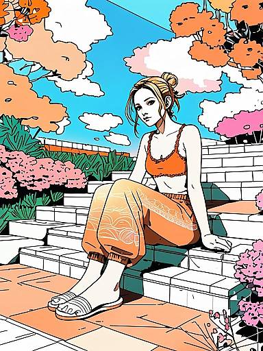 Stylized Digital Illustration of Woman Sitting on Steps in Autumn Setting