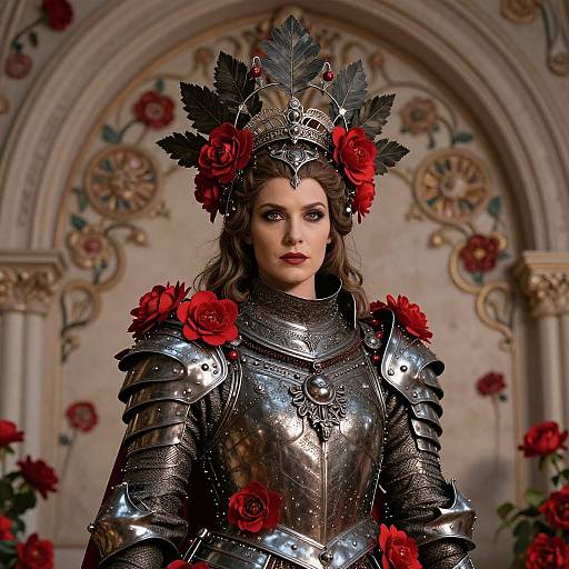 Regal Woman in Ornate Medieval Armor with Red Roses and Crown