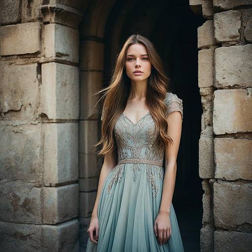 Elegant Woman in Embroidered Pale Blue Gown by Stone Archway