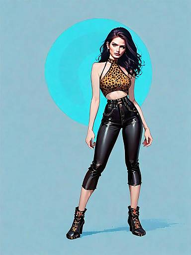 Edgy Woman in Leopard Print Crop Top and Glossy Black Pants - Full Body Digital Illustration
