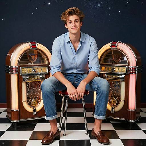 Young Man Sitting Between Vintage Jukeboxes on Checkered Floor