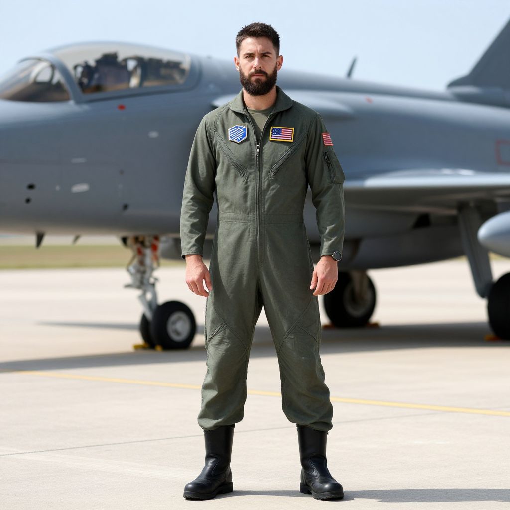 Male Military Pilot Standing by Jet Aircraft on Runway