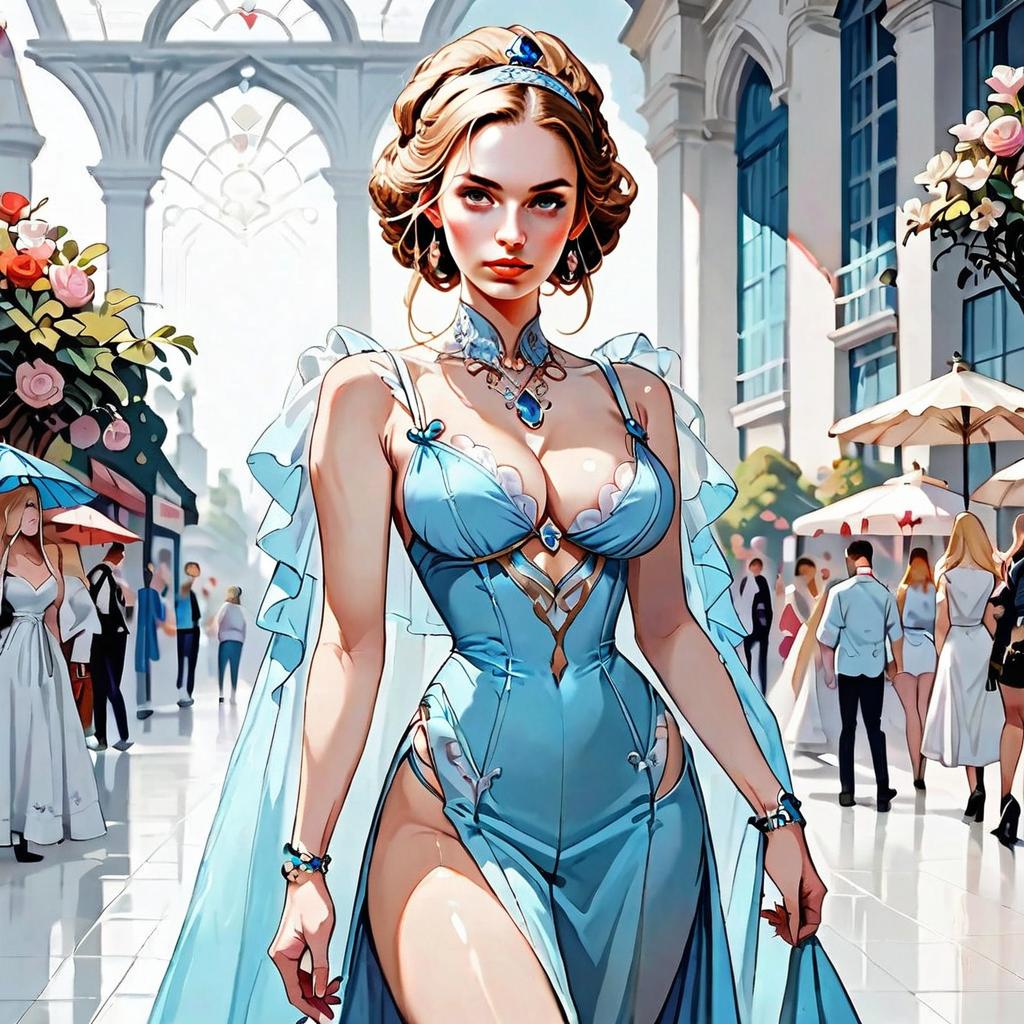 Elegant Woman in Light Blue Gown Digital Illustration in Modern Architectural Setting