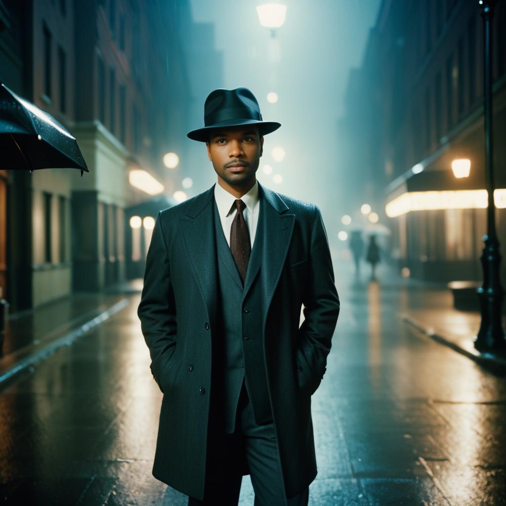 Stylish Man in Classic Suit and Fedora in Noir Urban Setting