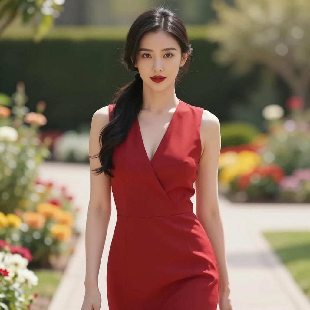 Elegant Woman in Red Dress Walking in Vibrant Garden