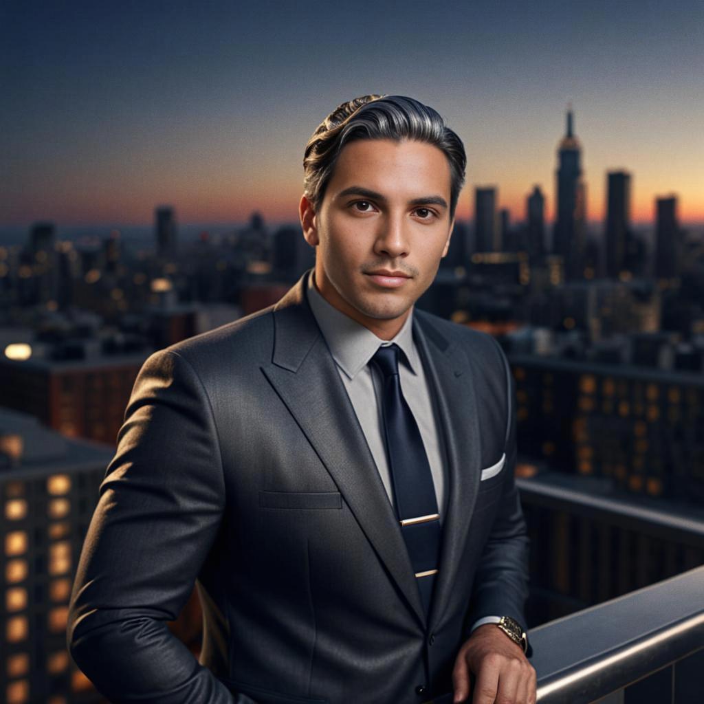 Confident Man in Tailored Suit Against Urban Skyline